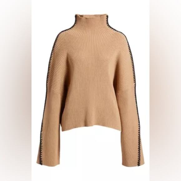 Rag & Bone Tan Ally Ingrid Whipstitch Detail Mock Neck Sweater in Khaki XS - Picture 3 of 9